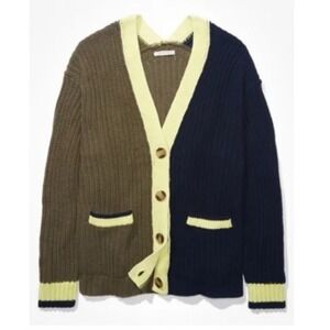 American Eagle Colorblock Cardigan Sweater Oversize Olive Navy Yellow Size Small